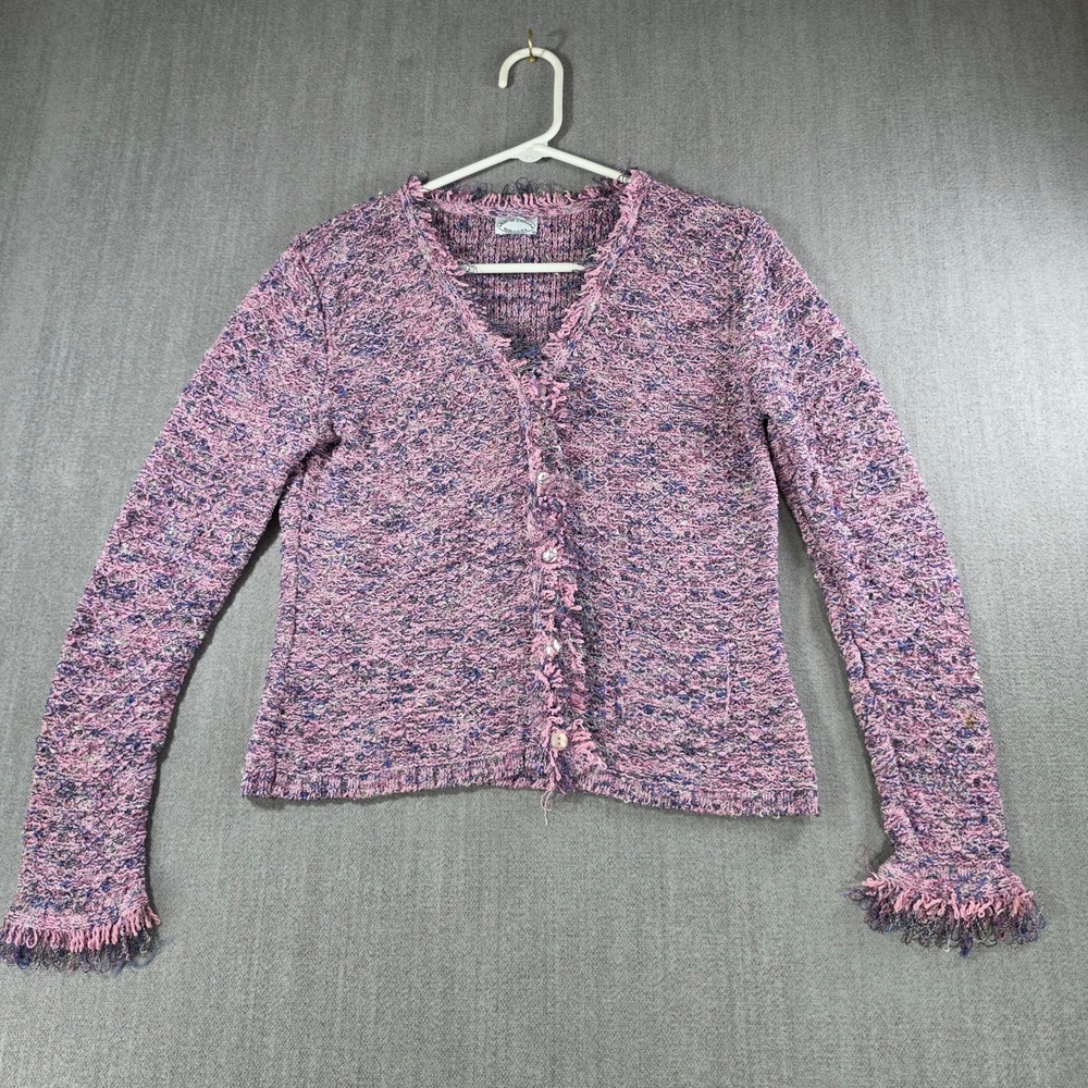 Ball of Cotton Cardigan Women Medium Pink Purple Fringe Trim Knit Button Up USA